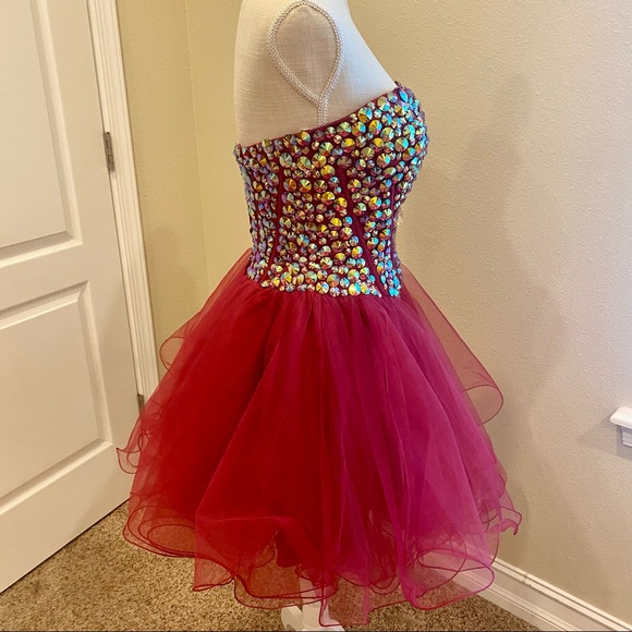 Sherri Hill Hot Pink Strapless Corset Embellished Tulle Formal Dress (Sz 8) - Picture 3 of 16